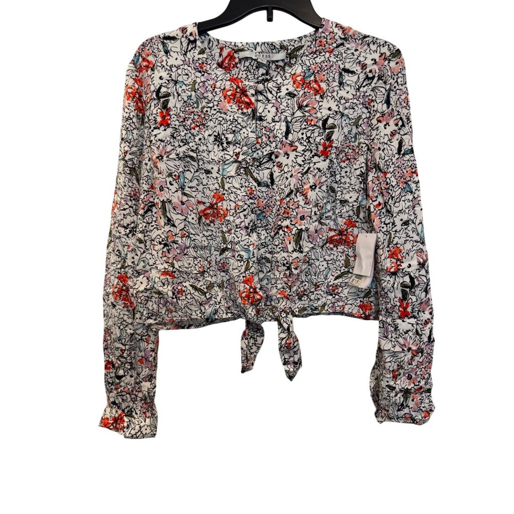Guess Floral Crop Top Womens L Multicolor Long Sleeve Lightweight